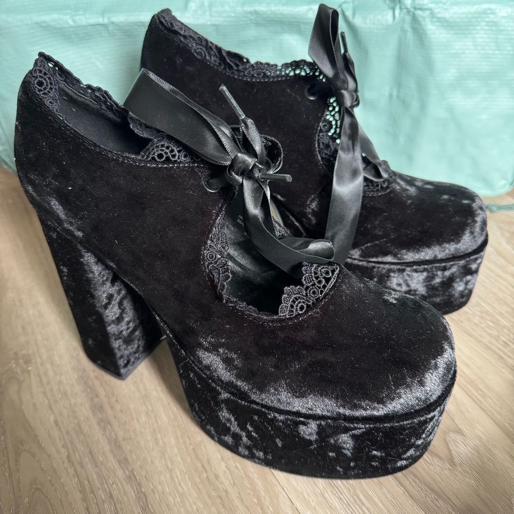 Black Velvet Platform Mary Jane Heels with Satin Ribbon